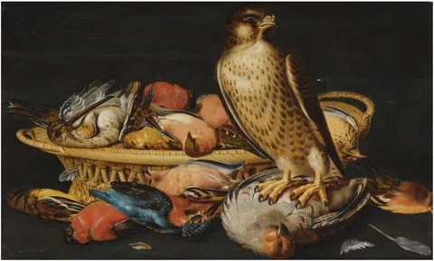 Nicolaes Cave, A still life with a live hawk perched on a dead partridge and other dead game in a woven basket