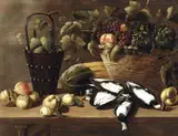 Johannes Kuveenis, Still life with apples, pears, melon, bucket, poultry, and a basket