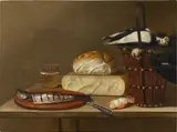 Johannes Kuveenis, Still life with a herring, cheese, crab and songbirds