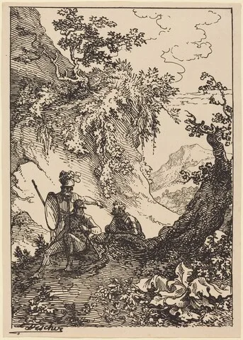 Josef Fischer, Landscape with Men in Armor, Tree Stump