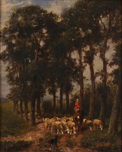 Edward Woutermaertens, A figure on horseback with a flock of sheep and a dog
