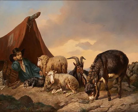 Edward Woutermaertens, Shepherd, his dog and his sheep on a landscape background
