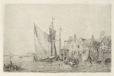 Henri Adolphe Schaep, Zeilschepen en sloepen aan de kade bij een dorp