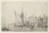 Henri Adolphe Schaep, Zeilschepen en sloepen aan de kade bij een dorp