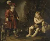 Douwe Juwes de Dowe, Portraits of two boys in a landscape, one dressed as a hunter, the other as St. John the Baptist
