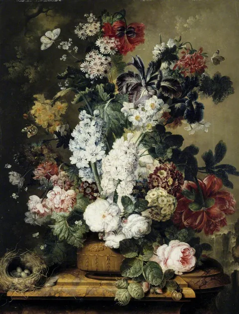 Jacobus Linthorst, Still life with Roses, Peonies, Primroses, Narcissi and Hyacinths