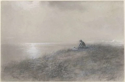 Ferdinand Carl Sierich, Teun de jager met hond in de duinen uitkijkend over de zee