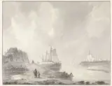 Christiaan Lodewijk Willem Dreibholtz, Haven met links oude huizen, op de voorgrond wandelaars