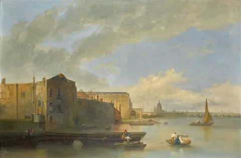 William Pengree Sherlock, London, A View of the River Thames with Hay Barges