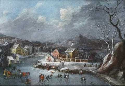 Dirck Dalens III, Skaters on a frozen lake, before a winter landscape