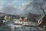 Dirck Dalens III, Skaters on a frozen lake, before a winter landscape