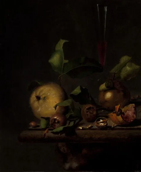 Martinus Nellius, Still Life with Quinces, Medlars and a Glass