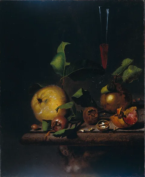 Martinus Nellius, Still Life with Quinces, Medlars and a Glass