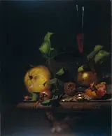 Martinus Nellius, Still Life with Quinces, Medlars and a Glass