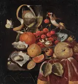 Martinus Nellius, Still Life with Fruit and a Goldfinch