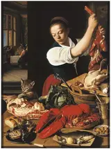 Jeremias van Winghe, A kitchen interior with a maid preparing meat and gentlemen drinking at a table beyond