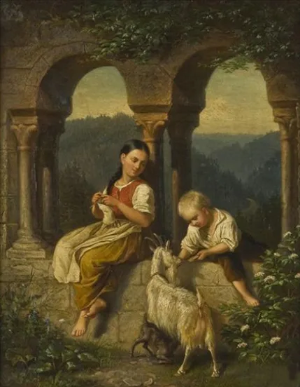 Robert Heck, Idyll with Children and Goats at a Ruin