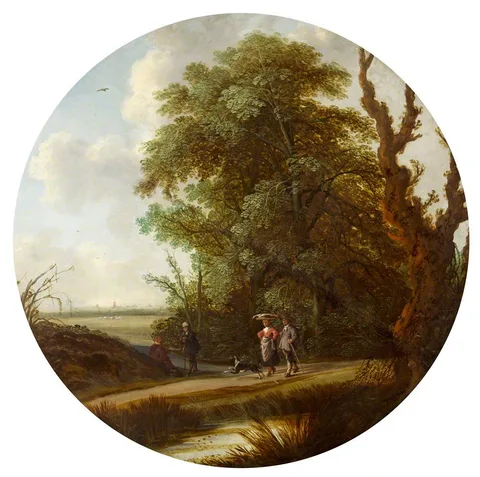 Willem van den Bundel, A Landscape with Figures passing a Pond and a Resting Traveller, a View of Overschie and Rotterdam beyond