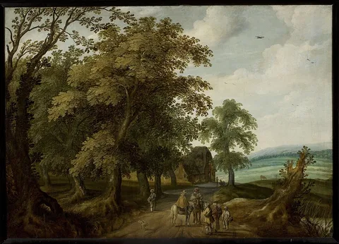 Willem van den Bundel, Landscape with travellers on the road
