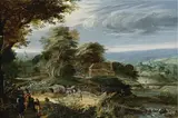 Pieter Stalpaert, Extensive landscape with travelers on a path by a river, a cottage beyond