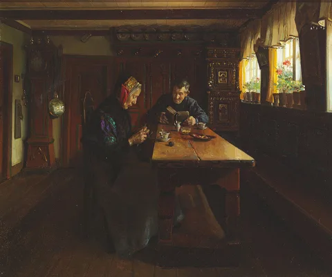 Valdemar Kornerup, Interior with a man reading and a woman knitting.