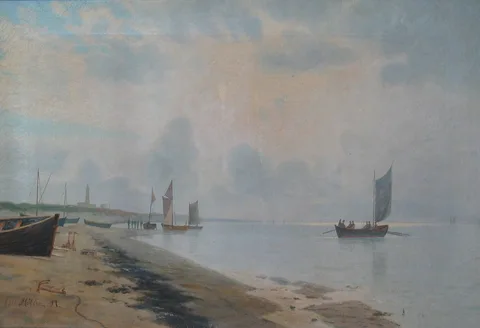 Carl Møller, Seascape with fishermen near the shore.