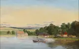 Axel Schovelin, Summer landscape with houses on the lakefront. In the foreground a man rowing a boat