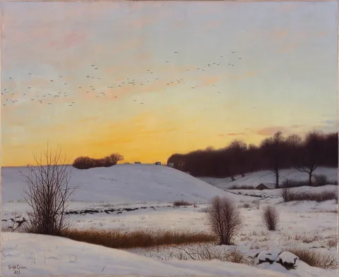 Adolph Larsen, Snelandskab med en bakke. Solnedgang.