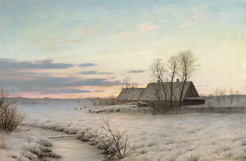 Adolph Larsen, A cottage in a winter landscape at dusk.