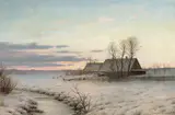 Adolph Larsen, A cottage in a winter landscape at dusk.