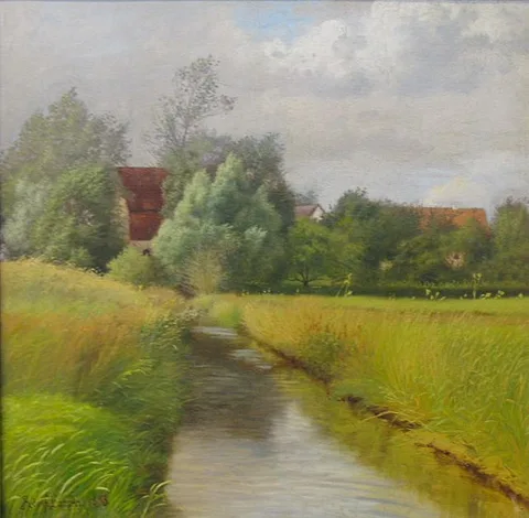 Adolph Larsen, Landscape by a stream with trees and houses at a distance.