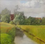 Adolph Larsen, Landscape by a stream with trees and houses at a distance.