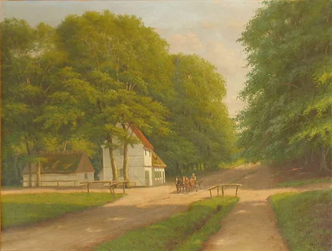 Adolph Larsen, A summer day in Jægersborg  Dyrehave with a view of Peter Liep's house.
