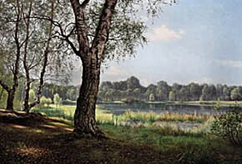 Adolph Larsen, Forest view with a lake, early summer.