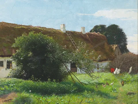 Adolph Larsen, Landscape with hens in front of a thatched house.