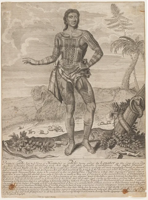 John Savage, Tattooed Philipinne prince, Giolo, by John Savage, ca. 1692 etching