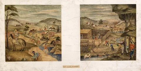 Archie Musick, Stockade Builders and Moving Westward (mural study, Red Cloud, Nebraska Post Office)