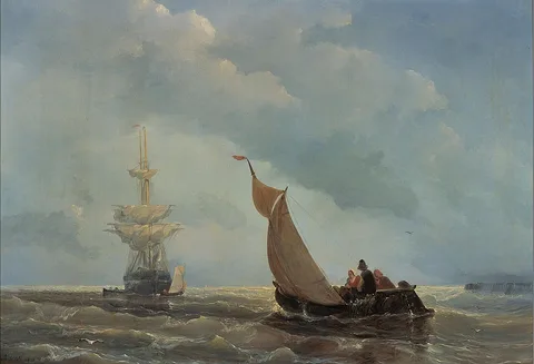 Albert van Beest, Stormy Sea with Sailing Ship and Fishing Boats