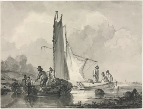 Albert van Beest, River Landscape with Fisherman and Three Boats