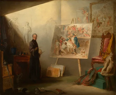 Samuel Drummond, Self-portrait in the artist's studio painting The Death of Nelson