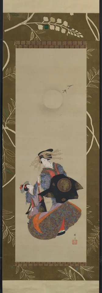 Teisai Hokuba, Beauty of the Yoshiwara with Apprentice in Moonlight