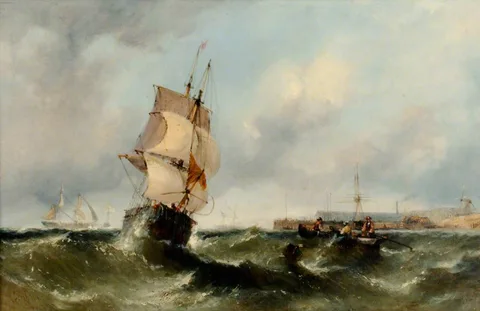 William Calcott Knell, Collier Brig Running before the Wind in a Fresh Breeze off Sheerness, Looking from Queensborough