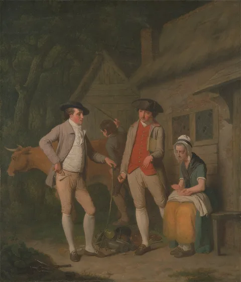 Edward Penny, Widow Costard's cow and goods, distrained for taxes, are redeemed by the generosity of Johnny Pearmain