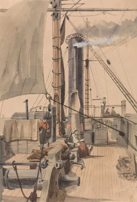Allen Edward Everitt, Deck of a Paddle Steamer With a Girl Reading and a Horse Travelling in a Loose-Box
