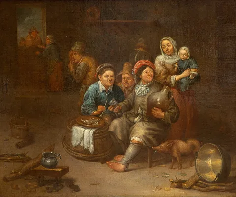 Adriaen Rombouts, Peasants drinking and smoking with a pig eating the food scraps