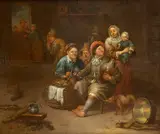 Adriaen Rombouts, Peasants drinking and smoking with a pig eating the food scraps