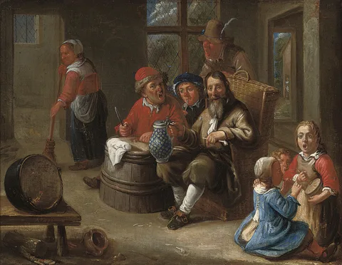 Adriaen Rombouts, Peasants smoking and drinking with children making music and an old woman in an interior