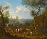 Elisabeth Seldron, Travellers on a Country Path, a Mountainous Landscape beyond