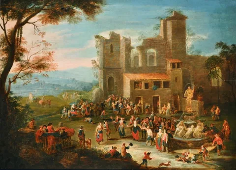 Elisabeth Seldron, Travellers Merrymaking Outside a Country Inn, a Riverside Town beyond