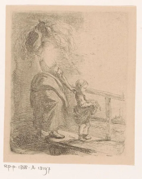 Alexandre Louis Lion, Vrouw draagt hooi op het hoofd en leidt een kind over een houten brug